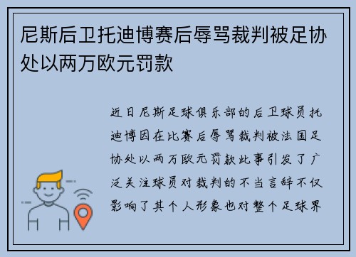 尼斯后卫托迪博赛后辱骂裁判被足协处以两万欧元罚款