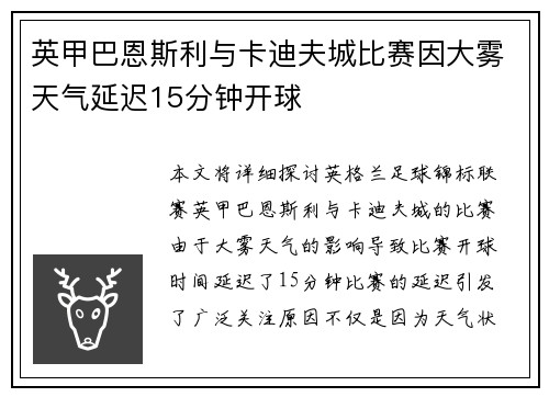 英甲巴恩斯利与卡迪夫城比赛因大雾天气延迟15分钟开球 英甲巴恩斯利与卡迪夫城比赛因大雾天气延迟15分钟开球